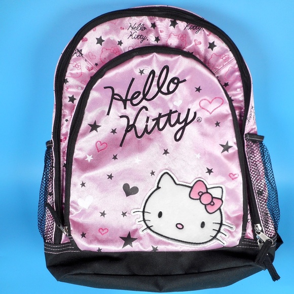 Hello Kitty Sanrio Light Pink Black Backpack Hearts Stars School Embroidered - Picture 4 of 14